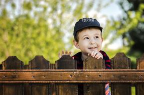 little boy behind a wooden fence