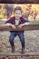 little boy on a wooden fence in nature