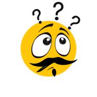 Yellow, black and white emoji with mustache, with question marks, at white background, clipart