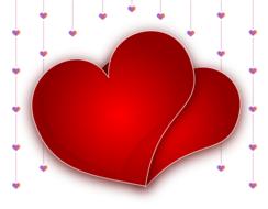 Beautiful, red and hanging, colorful hearts with ornament, at white background, clipart