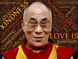 Portrait of Dalai Lama with glasses, at background with colorful words, clipart