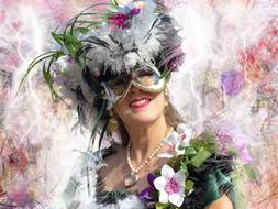 woman in mask and hat with feathers at the carnival in Venice