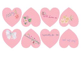 Beautiful, pink hearts with colorful patterns, flowers, decorations and words, at white background, clipart