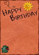 Beautiful and colorful "Happy Birthday" card with heart, smiling Sun and green four leaf clover with ladybug, at orange background, clipart