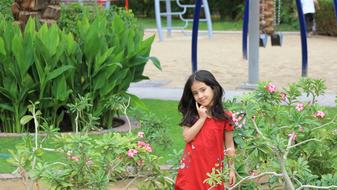 Smiling girl among the green plants and colorful and beautiful flowers, outdoors