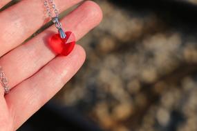 Close-up of the beautiful, shiny red heart medallion on the hand, in light