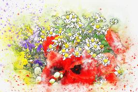 summer bouquet with poppies as watercolor painting