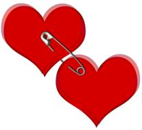 two hearts connected with safety pin