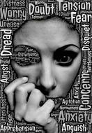 Black and white photo with the portrait of woman, with the hand, among the angst words, clipart