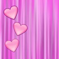 Beautiful, shiny, pink hearts, at purple background with stripes of different shades, clipart