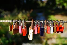 Close-up of the colorful, shiny padlocks on the rope, in sunlight, at blurred background with colorful plants