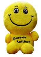 Yellow and black smiley plush toy, at white background, clipart