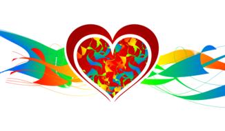 Colorful heart, at background with the patterns, at white background, clipart