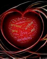 Red heart with colorful words, among the shapes, clipart