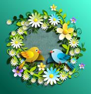 Beautiful and colorful spring wreath with plants, flowers and birds, clipart