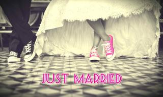 Retro photo with bride and groom on the wedding, and pink "Just Married" sign, clipart