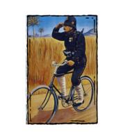 Colorful, vintage painting with the policeman, riding on the bicycle on the path, near the plants, clipart