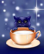 Beautiful illustration with dark kitten behind the cup of milk, at background with stars, clipart