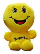 Cute and beautiful, yellow, smiling push toy with black "Happy" sign, at white background, clipart