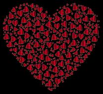 Beautiful, red heart made of the red hearts, at black background, clipart