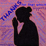 Silhouettes of the praying woman, at colorful background with thank words, clipart