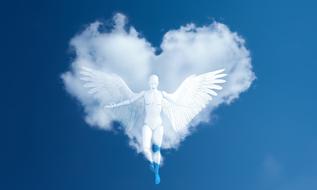 white angel on the background of the heart clouds