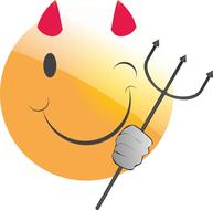 Smiling devil emoticon, with the trident, at white background, clipart