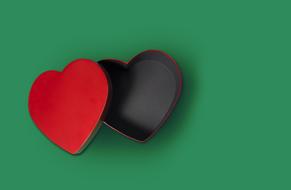 Beautiful, red and black heart box, on green surface