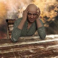 Portrait of the man with problems, sitting at the table, at background with smoke, clipart