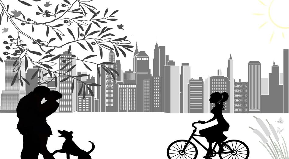 drawing of a recreation area against the background of city houses