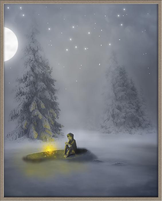 Beautiful painting with the boy with the campfire, among the beautiful snowy forest in winter