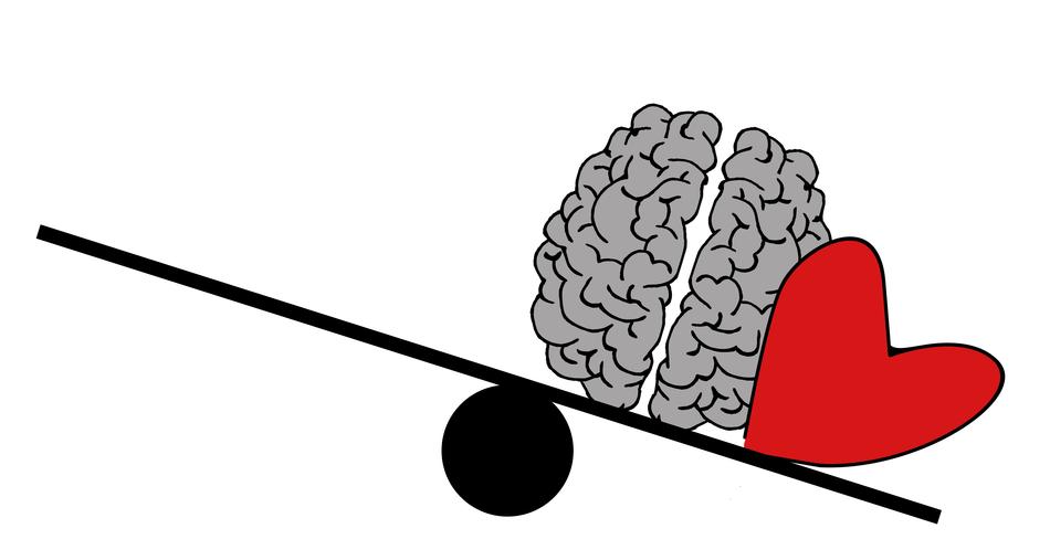 Grey brain and red heart on the black scale at white background