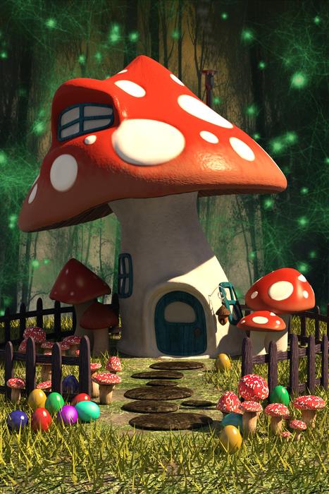 easter eggs near mushroom house, decoration