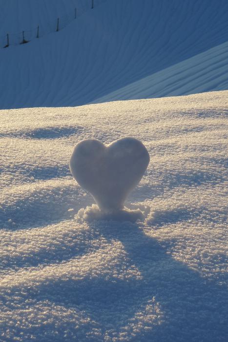 heart made of snow in sunbeams