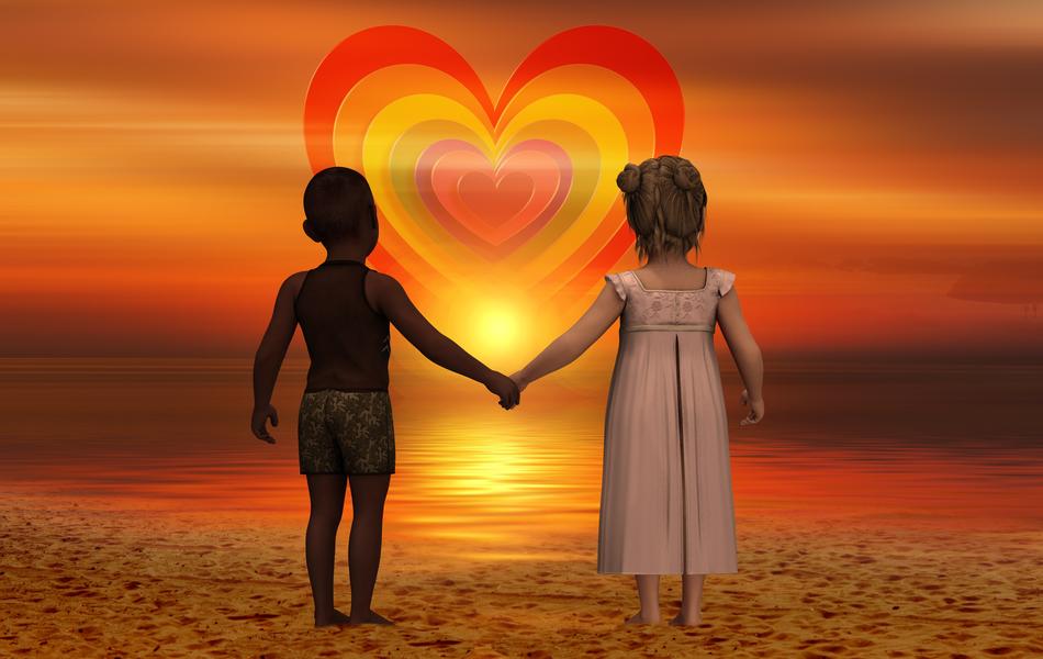 Children holding hands on beach at Heart in sky, render