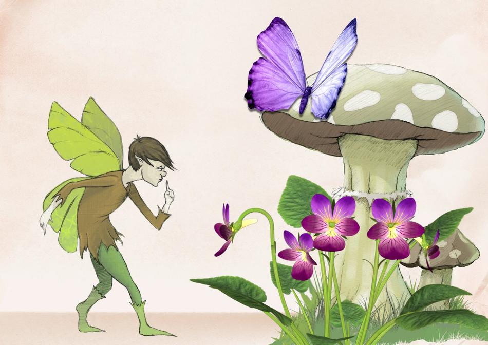 Fairy and colorful and beautiful butterfly, on the toadstool, with the green leaves, clipart