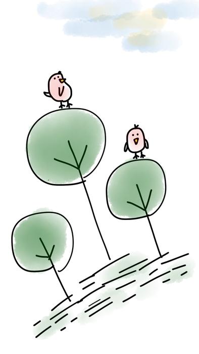Beautiful drawing with the brown birds on the green trees, under the colorful clouds, at white background, clipart