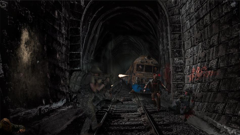 Drawing of the soldier and zombie near the train, in the tunnel