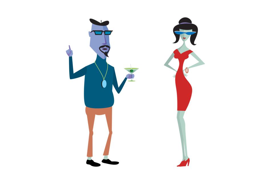 cartoon characters, cool man with drink and woman