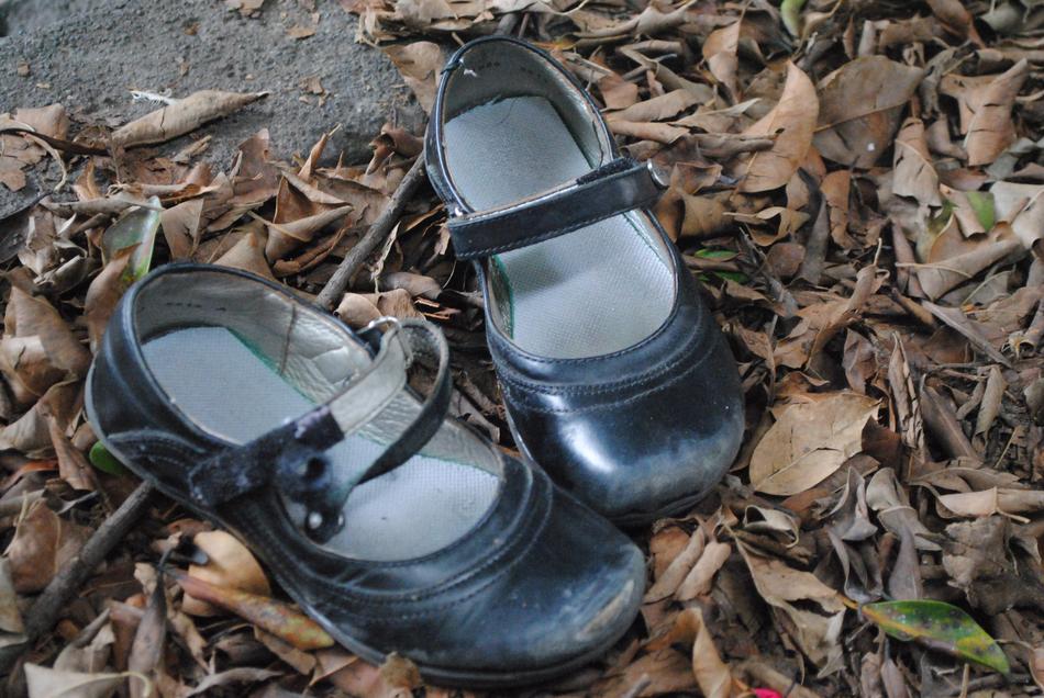 Close-up of the black shoes, with the tapeworm, among the colorful leaves
