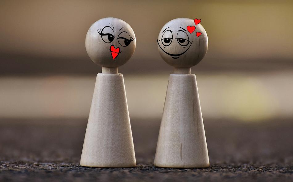 Game characters with the red lips and hearts, in love, on the ground
