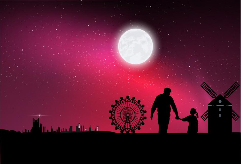 Silhouettes of the father and daughter, on the beautiful landscape with the farm, and city on horizon, at colorful and beautiful starry sky, clipart