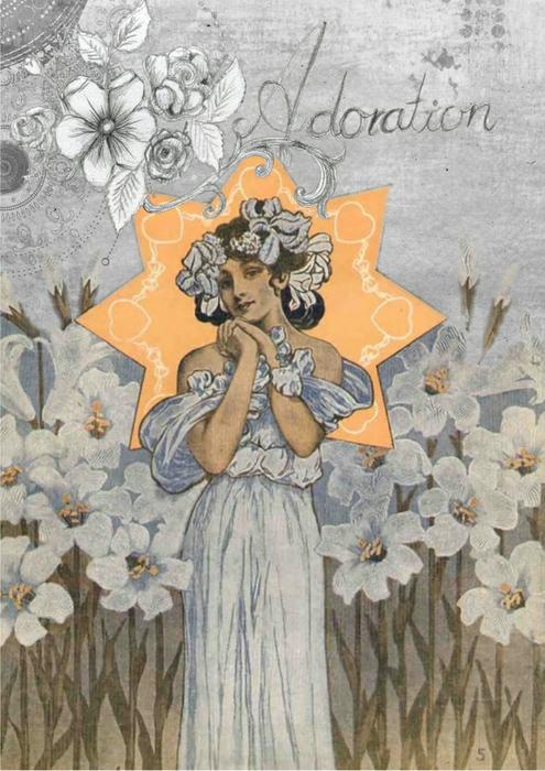 art deco drawing, charming young girl at golden star