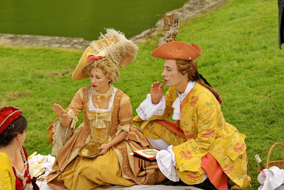 picnic, Couple in Revival costumes on grass