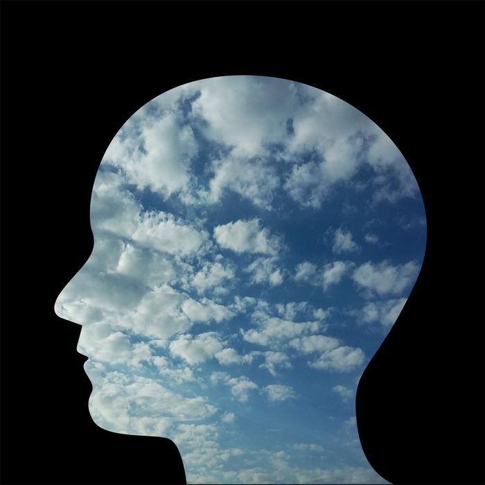 silhouette of human profile with blue sky and clouds