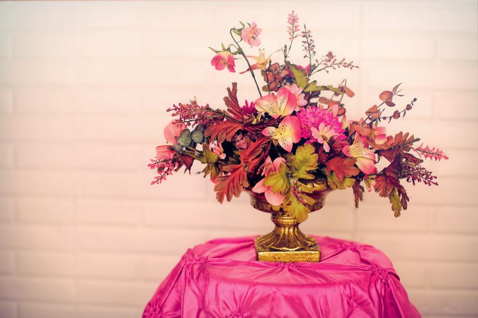 Bouquet of Flowers on pink tablecloth