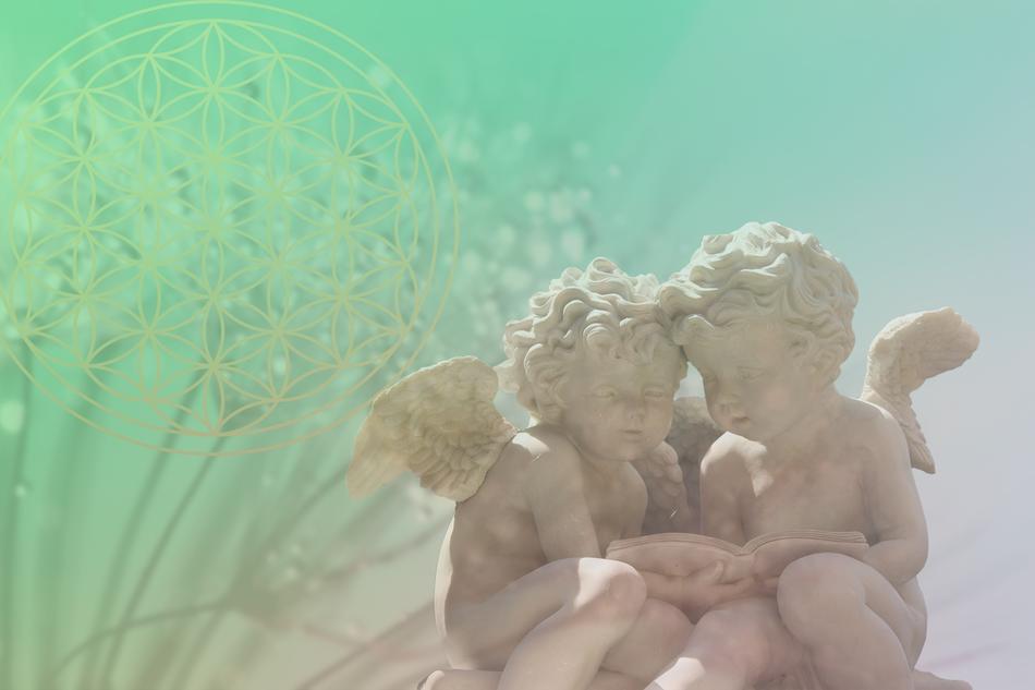 Beautiful and cute statue of the angels, near the dandelion flowers, clipart