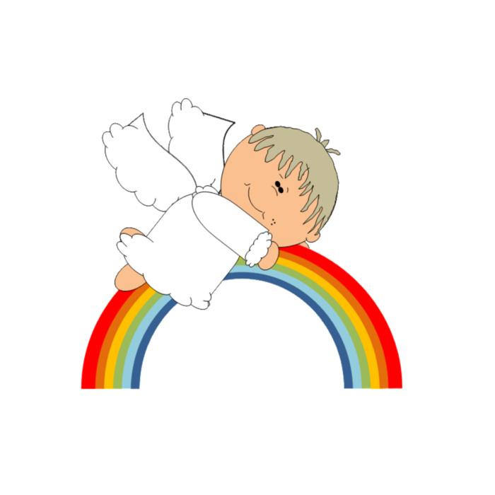 Beautiful, colorful and cute angel, on the rainbow, at white background, clipart
