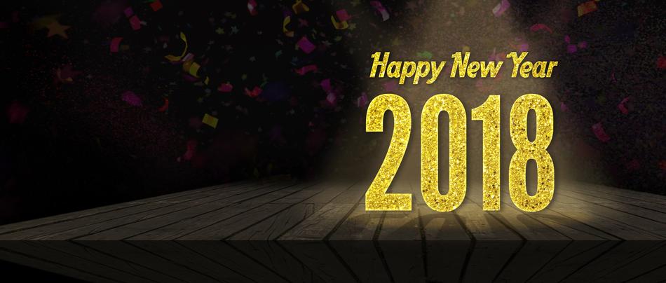 Beautiful, gold 'Happy New Year 2018' sign, in light, among the darkness, clipart