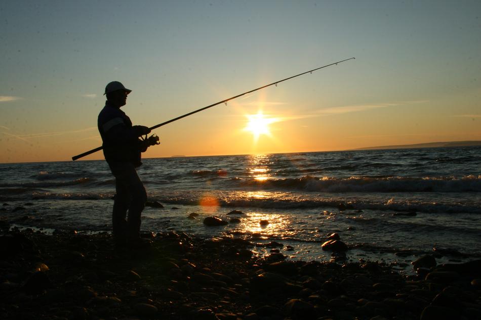 fishing on the ocean coast at dusk